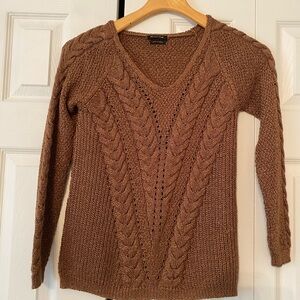 Massimo Dutti Brown Cable-Knit V-Neck Sweater